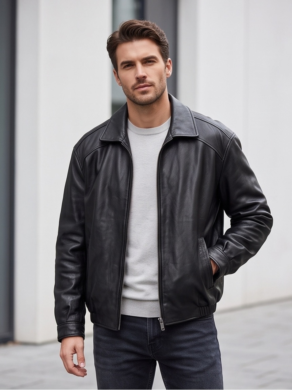 Hathaway Men's Black Leather Zip Jacket - Classic Collar
